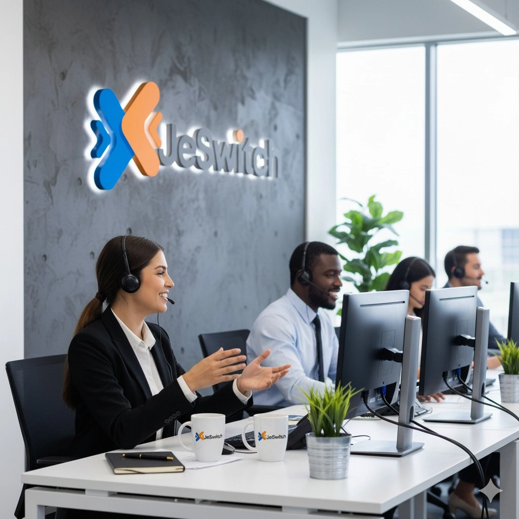 Professionnel en tenue de bureau travaillant sur son ordinateur - Équipe JeSwitch