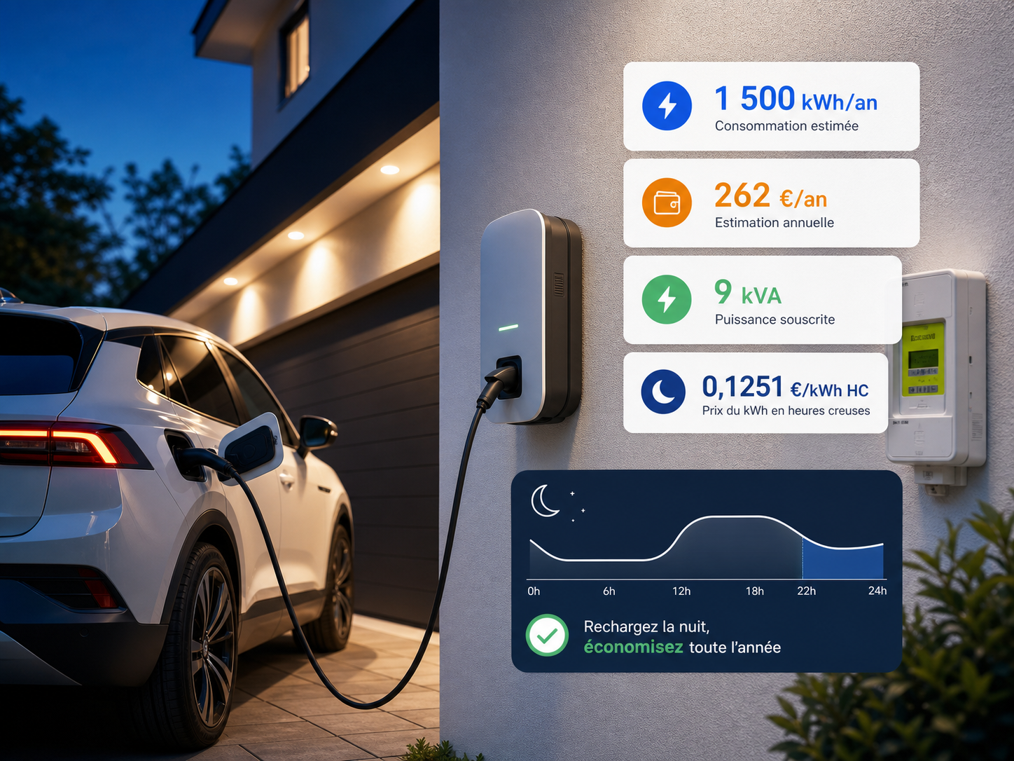 Voiture électrique en recharge à domicile avec borne murale, compteur et suivi en heures creuses