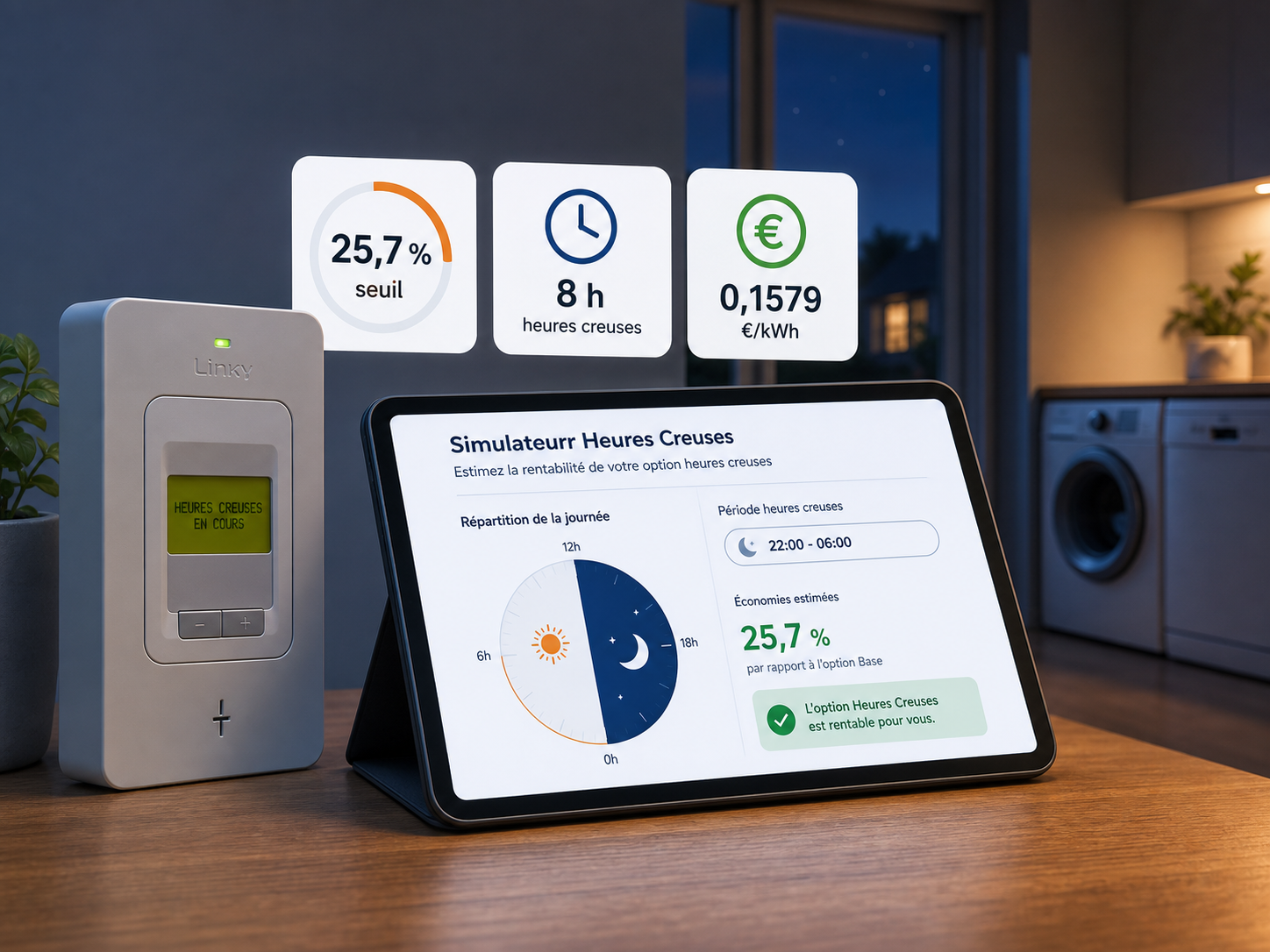 Simulateur heures creuses avec compteur Linky, calcul de rentabilité et usages programmés