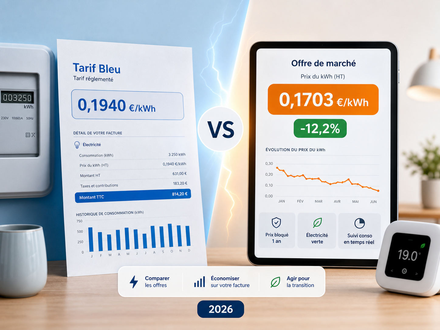 Comparatif visuel entre le Tarif Bleu EDF et une offre de marché moins chère